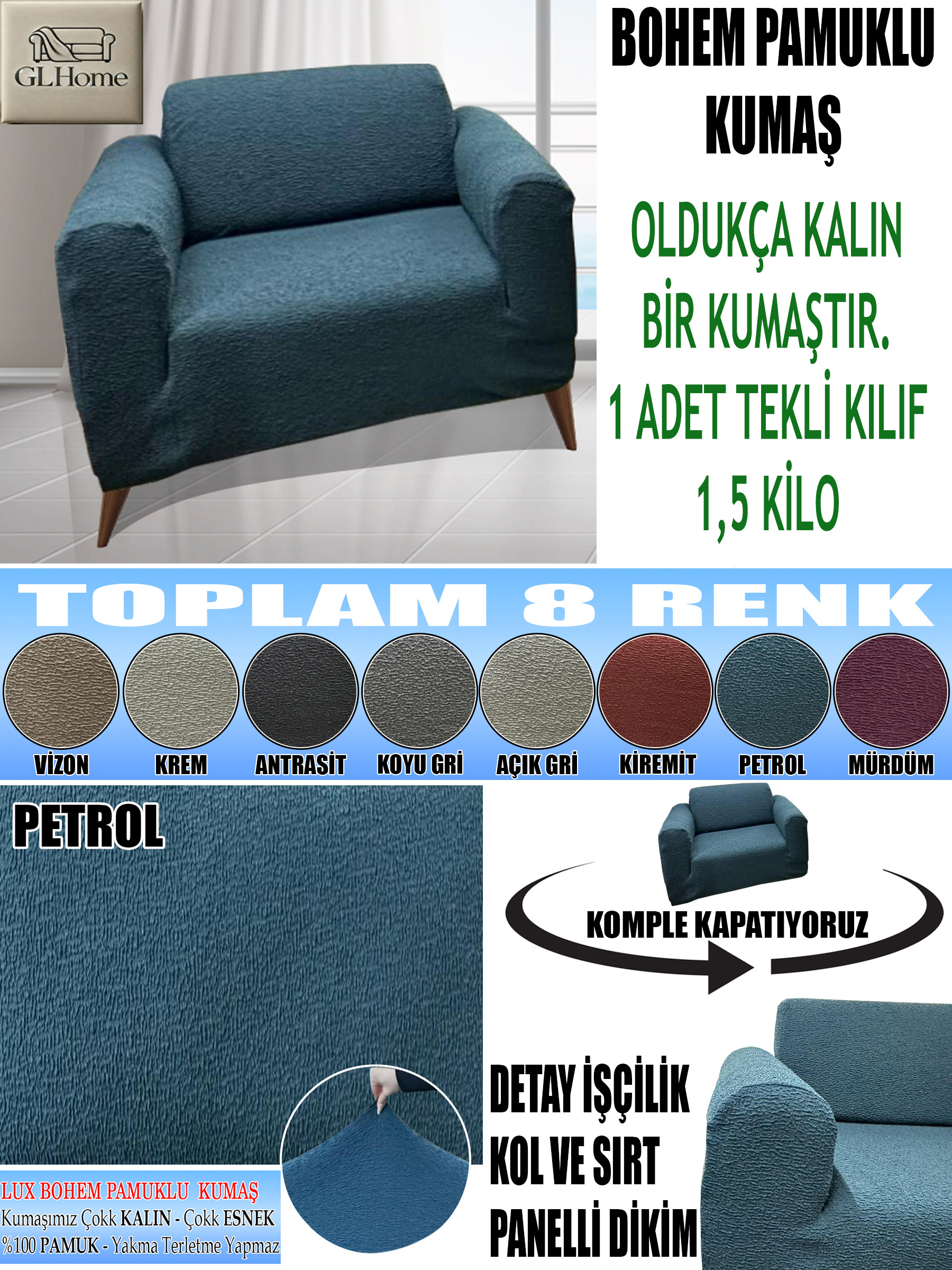 PETROL LUX BOHEM PAMUKLU KUMAŞ TEKLİ KOMPLE GİYDİRME TEKLİ & BERJER , OLDUKÇA KALIN BİR KUMAŞTIR.