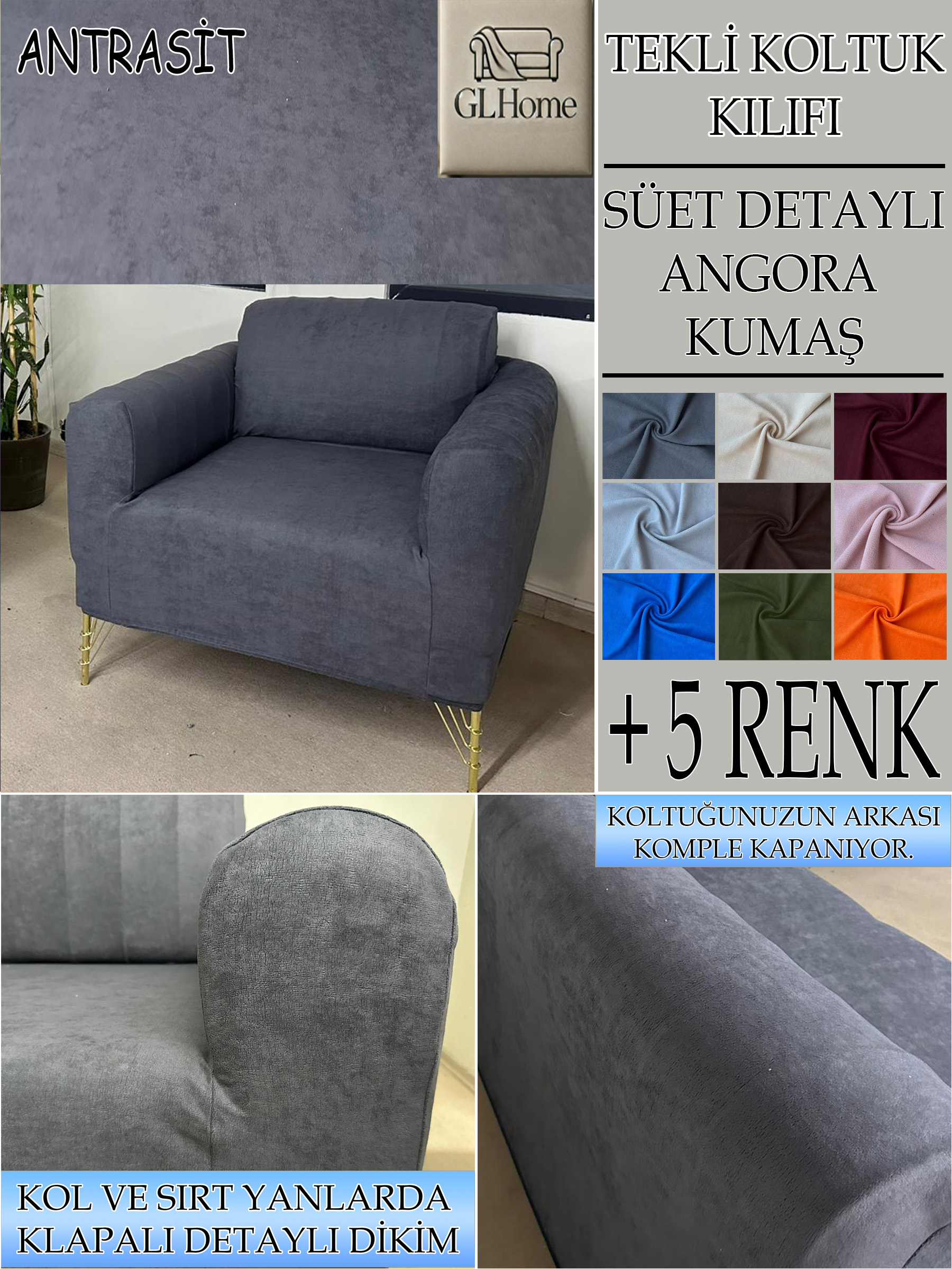 ANTRASİT SÜET KUMAŞ TEKLİ&BERJER KOMPLE GİYDİRME KOLTUK KILIFI