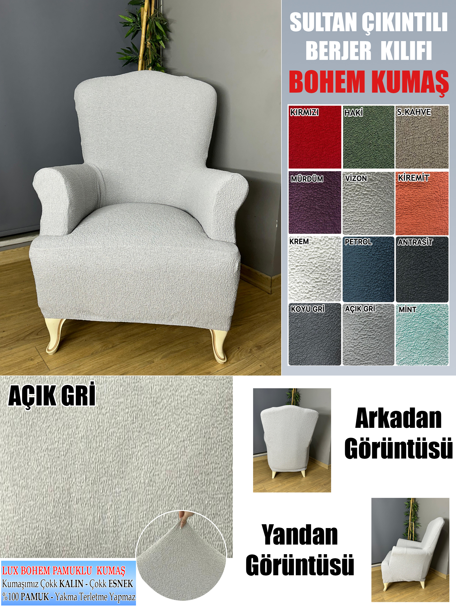 AÇIK GRİ LUX BOHEM PAMUKLU KUMAŞ SULTAN ÇIKINTILI MODEL KOMPLE GİYDİRME BERJER KILIFI.