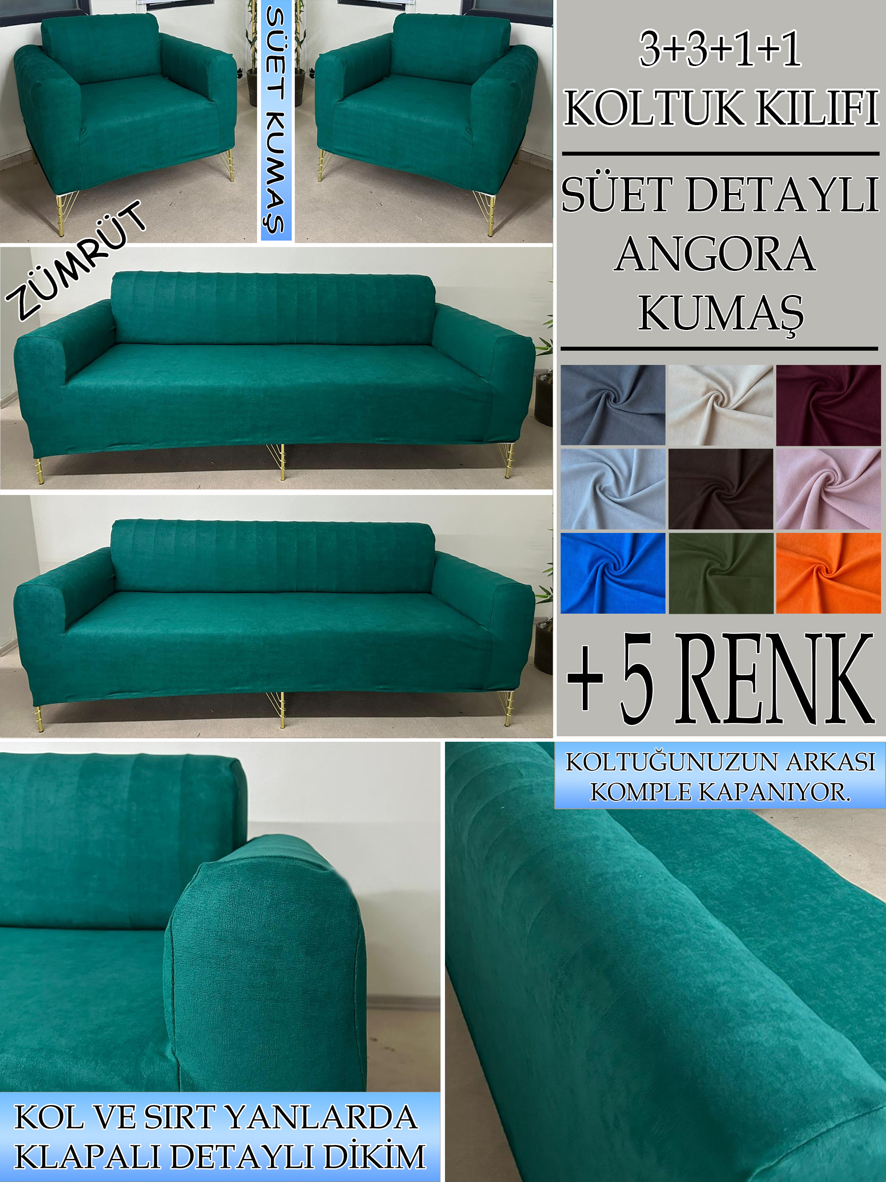 ZÜMRÜT SÜET KUMAŞ 3+3+1+1 SET KOMPLE GİYDİRME KOLTUK KILIFI KANEPE,ÇEKYAT,BERJER