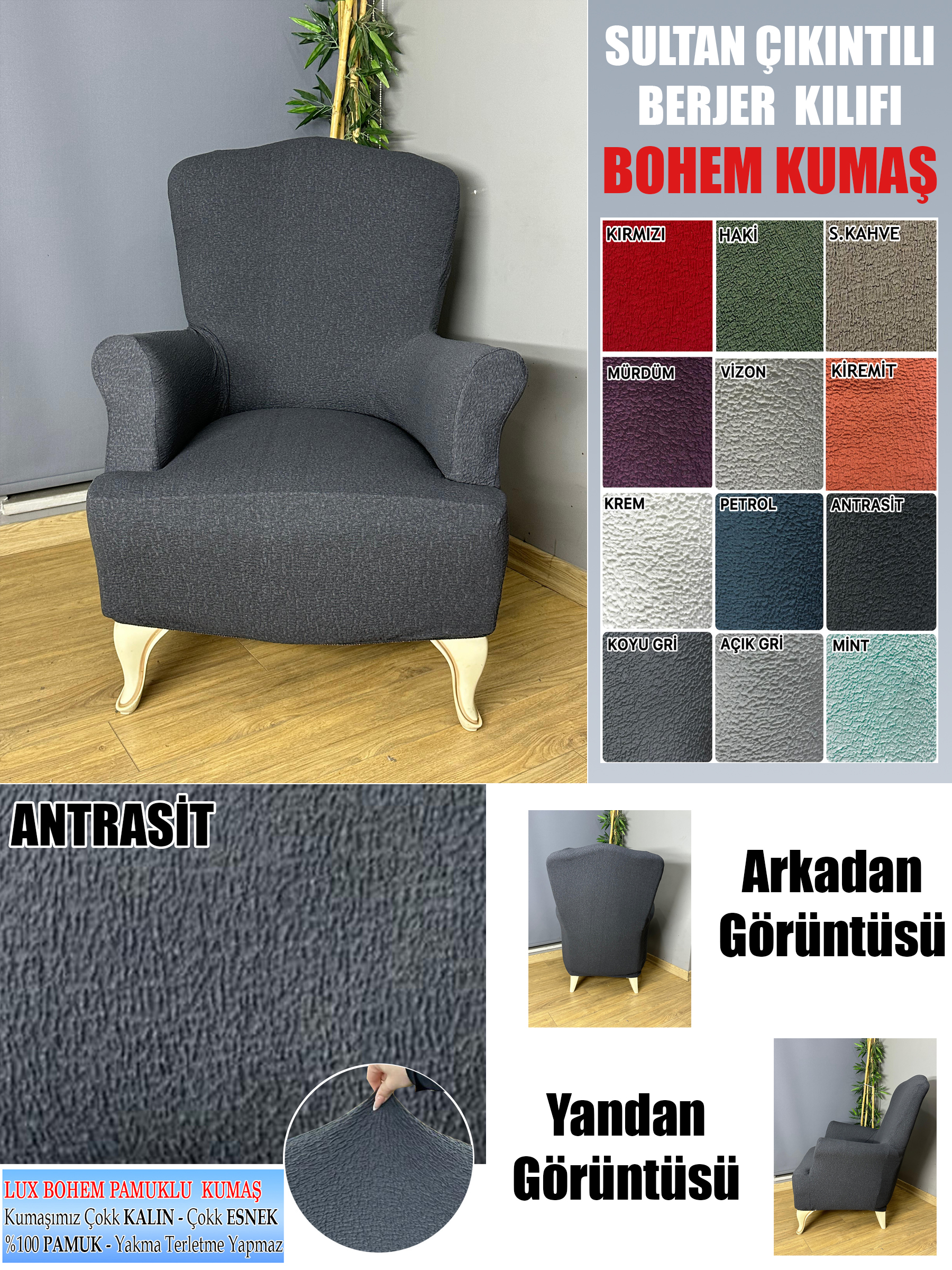 ANTRASİT LUX BOHEM PAMUKLU KUMAŞ SULTAN ÇIKINTILI MODEL KOMPLE GİYDİRME BERJER KILIFI.