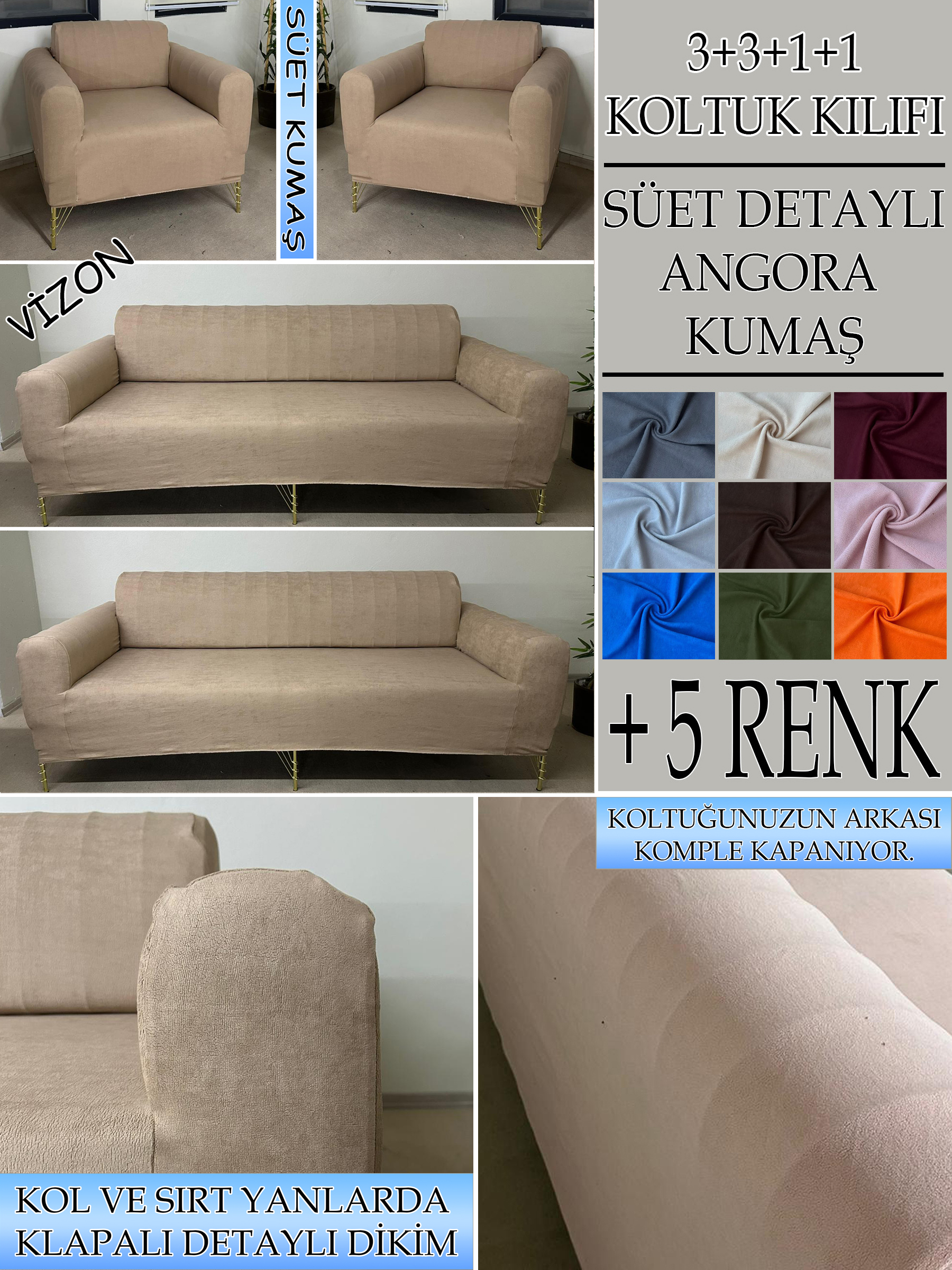 VİZON SÜET KUMAŞ 3+3+1+1 SET KOMPLE GİYDİRME KOLTUK KILIFI KANEPE,ÇEKYAT,BERJER