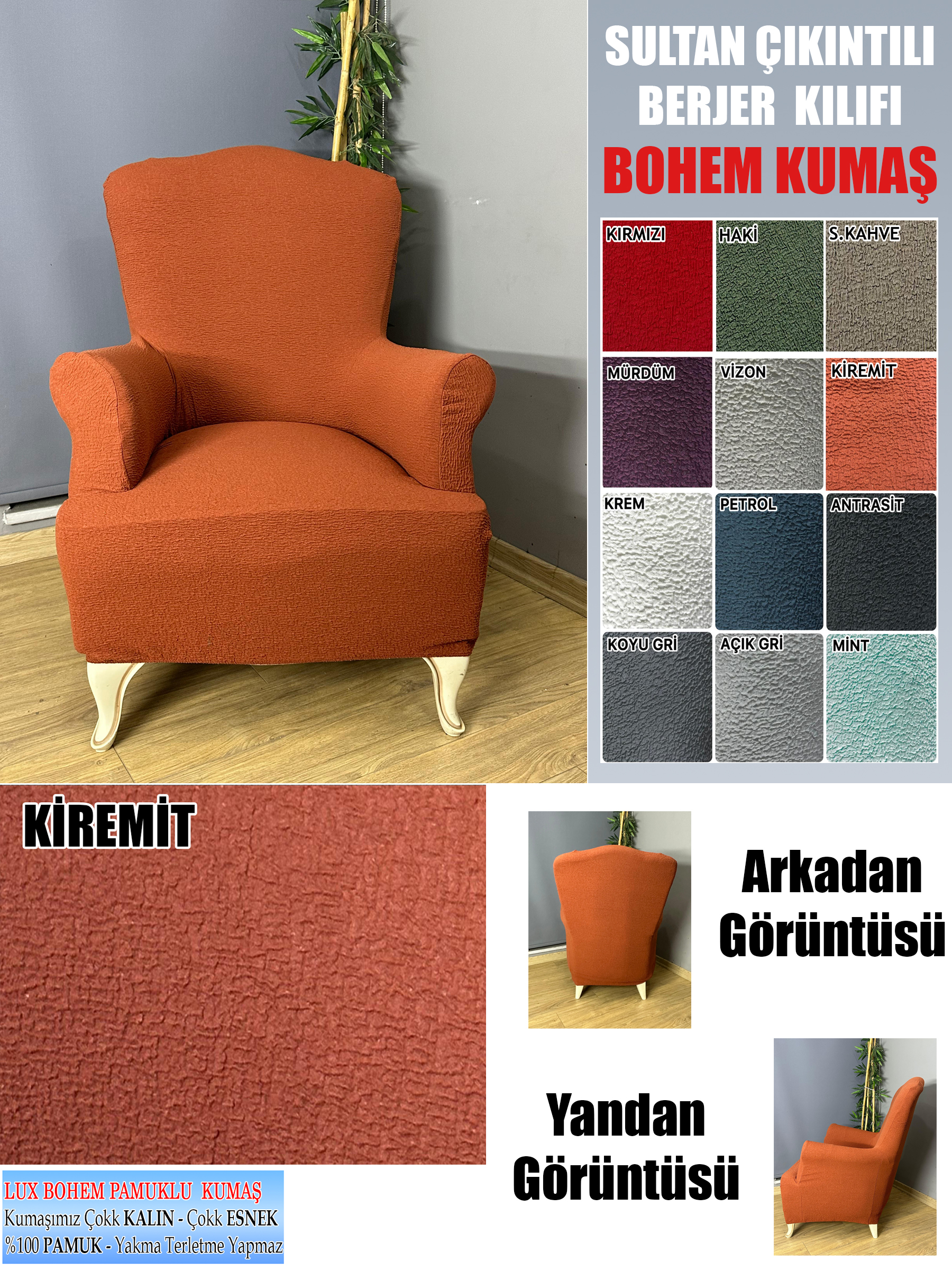 KİREMİT LUX BOHEM PAMUKLU KUMAŞ SULTAN ÇIKINTILI MODEL KOMPLE GİYDİRME BERJER KILIFI.