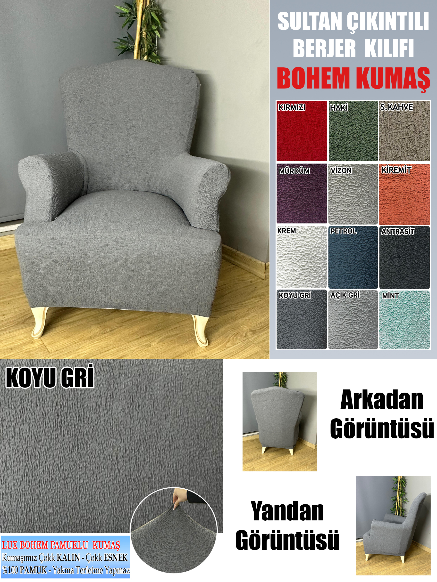 KOYU GRİ LUX BOHEM PAMUKLU KUMAŞ SULTAN ÇIKINTILI MODEL KOMPLE GİYDİRME BERJER KILIFI.