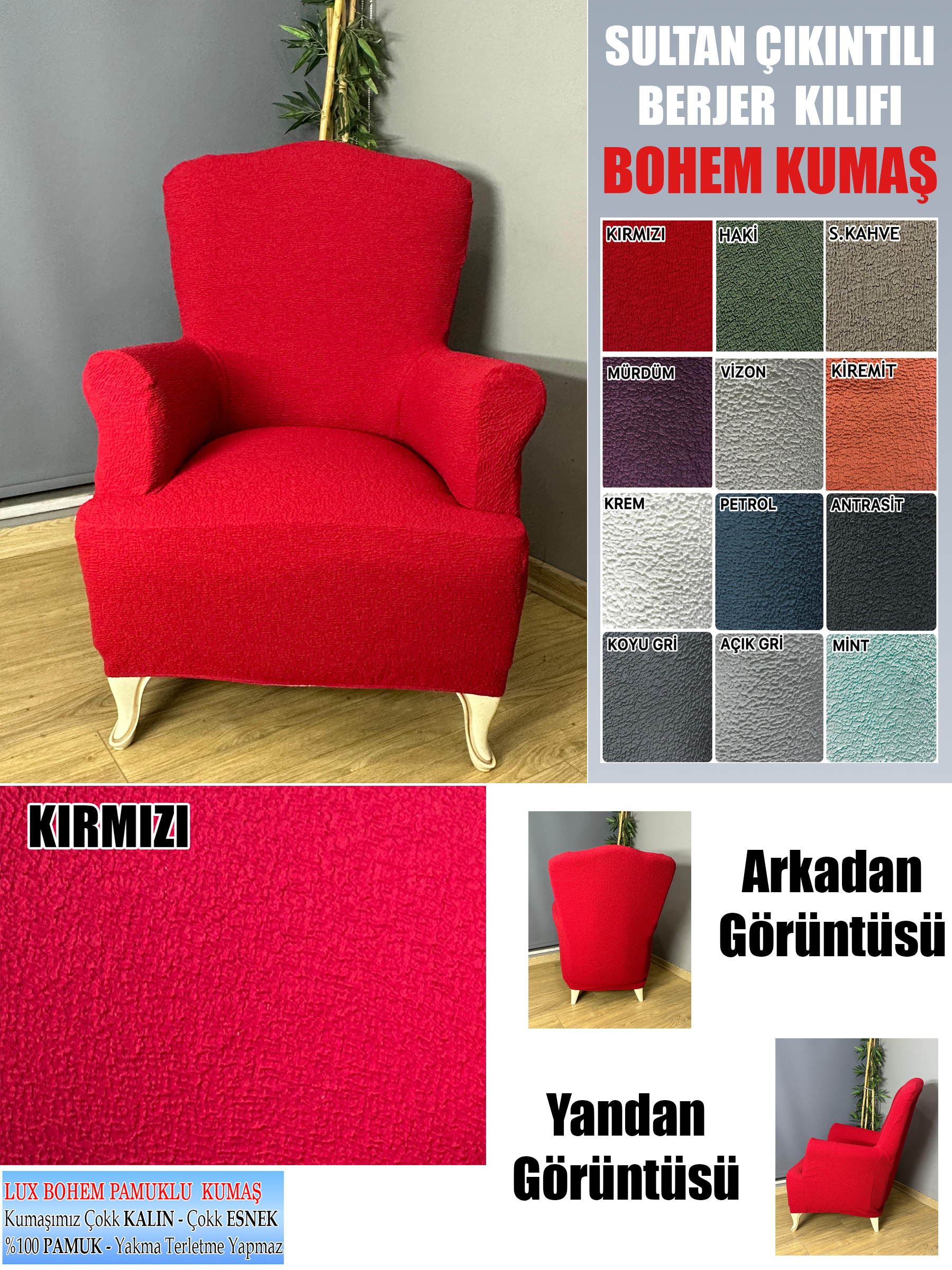 KIRMIZI LUX BOHEM PAMUKLU KUMAŞ SULTAN ÇIKINTILI MODEL KOMPLE GİYDİRME BERJER KILIFI.