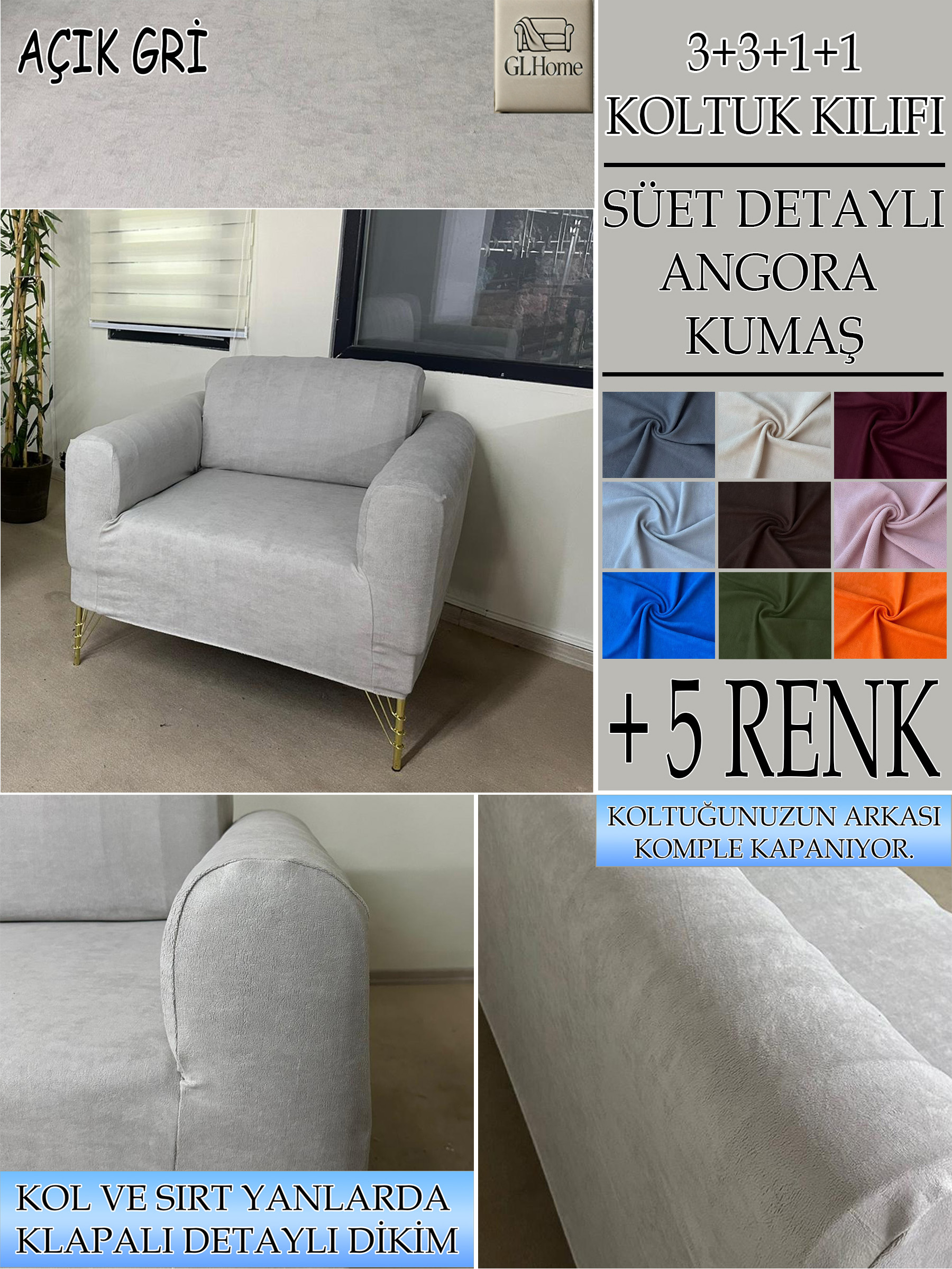 AÇIK GRİ SÜET KUMAŞ TEKLİ&BERJER KOMPLE GİYDİRME KOLTUK KILIFI