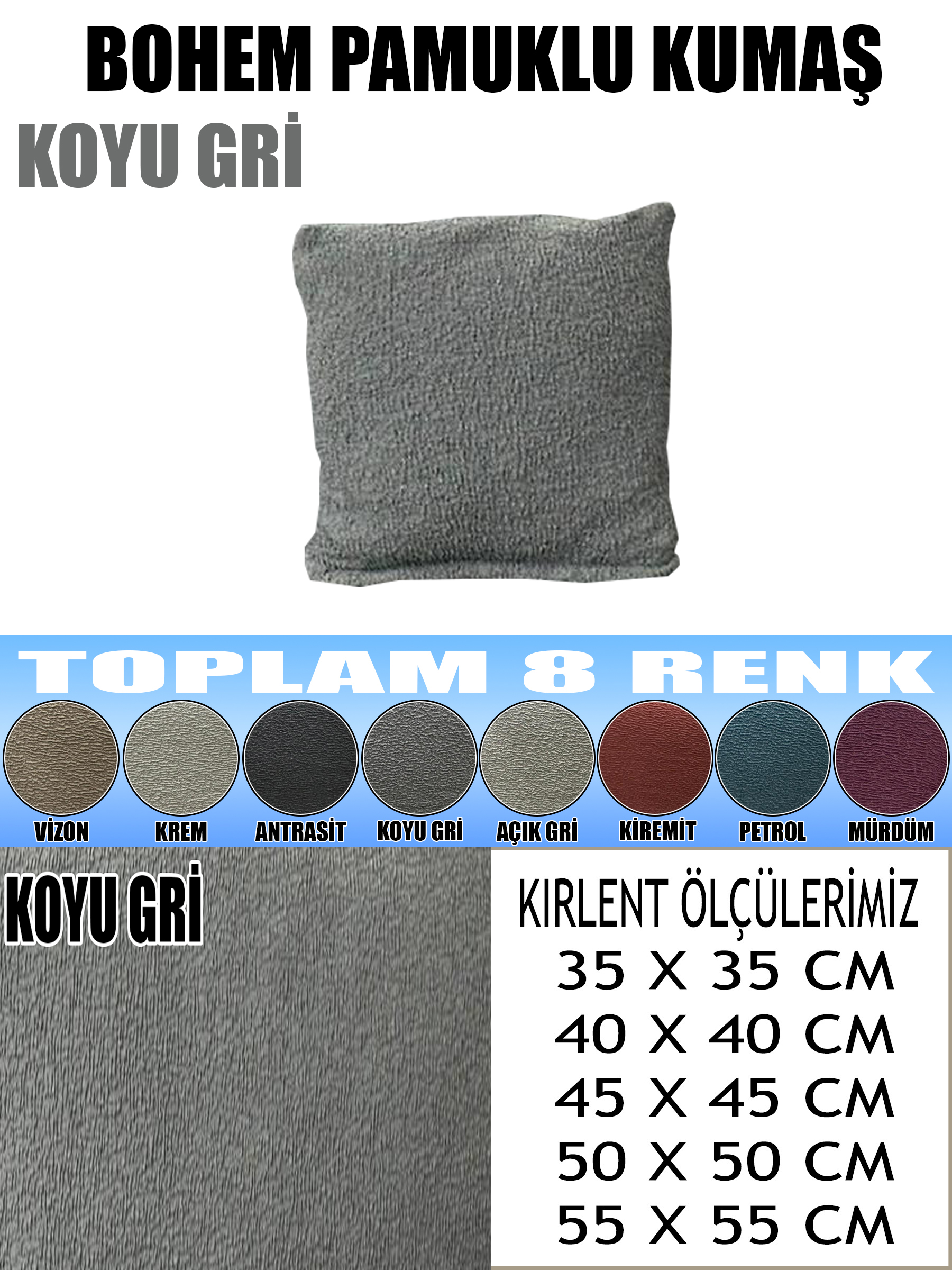 KOYU GRİ RENK LUX BOHEM PAMUKLU KUMAŞ 2 ADET KİRLENT KILIFI