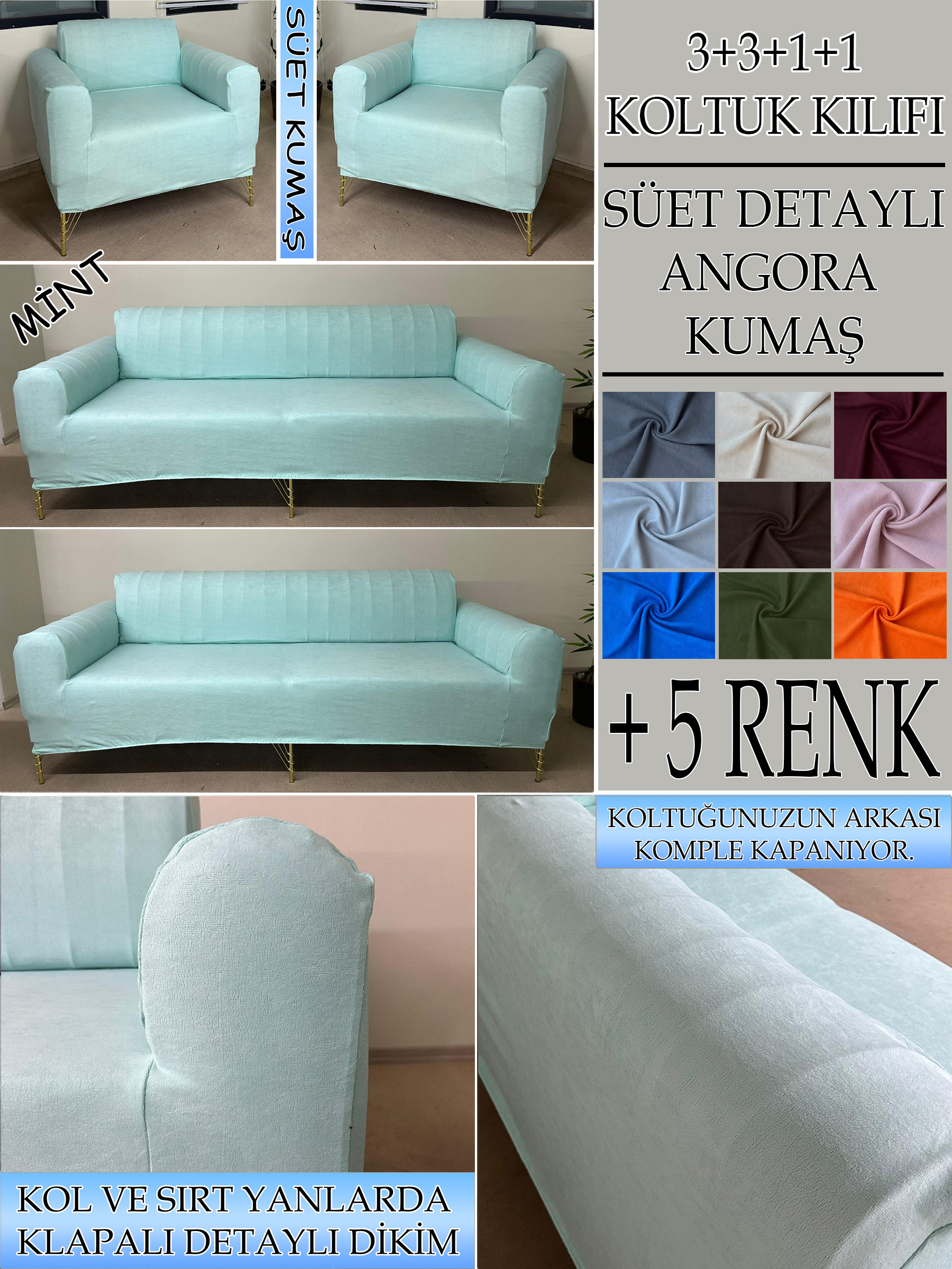 MİNT SÜET KUMAŞ 3+3+1+1 SET KOMPLE GİYDİRME KOLTUK KILIFI KANEPE,ÇEKYAT,BERJER