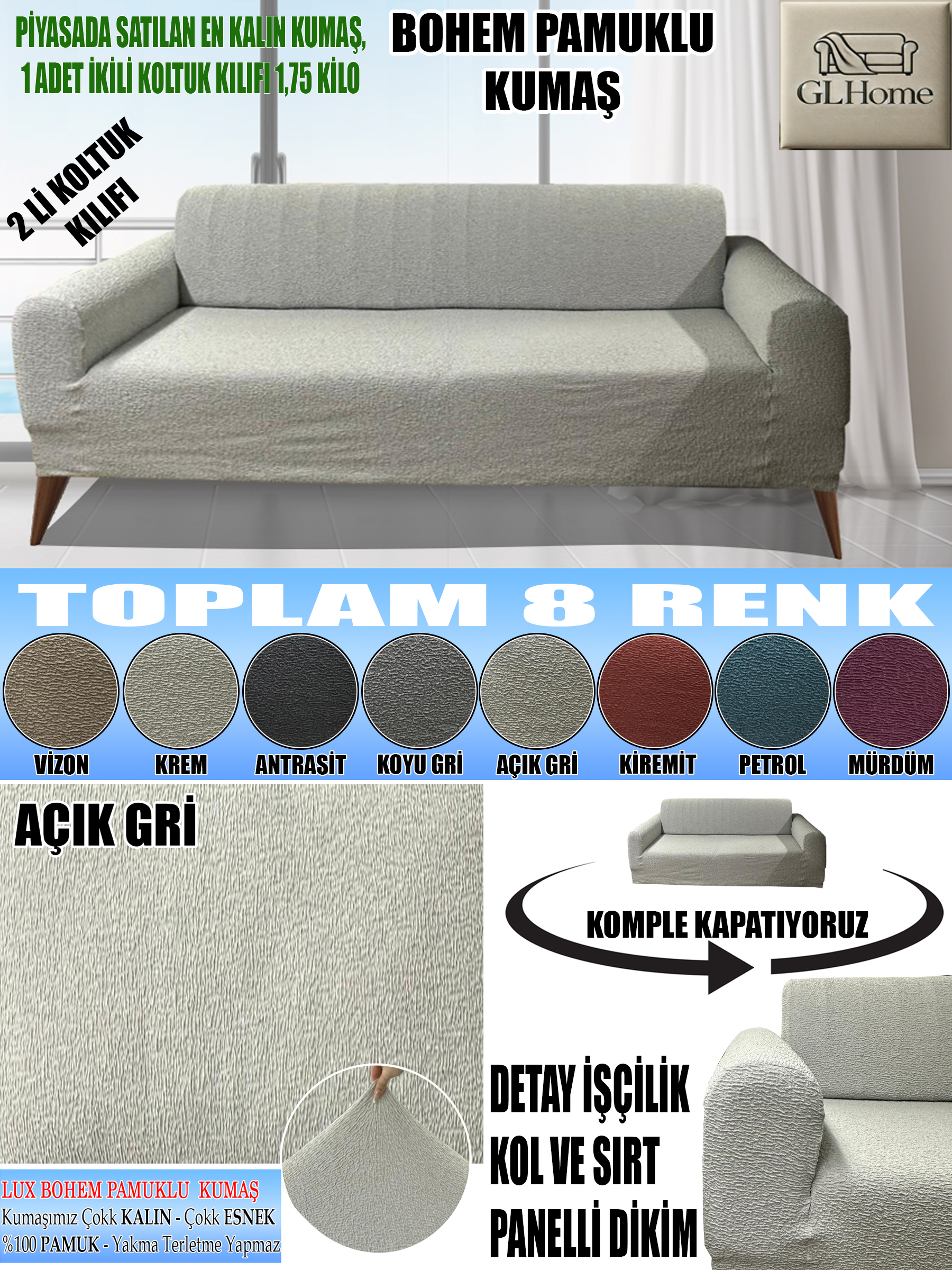 AÇIK GRİ LUX BOHEM PAMUKLU KUMAŞ ÇİFT KİŞİLİK KOLTUK KILIFI KOMPLE GİYDİRME KALIN VE DAYANIKLIDIR