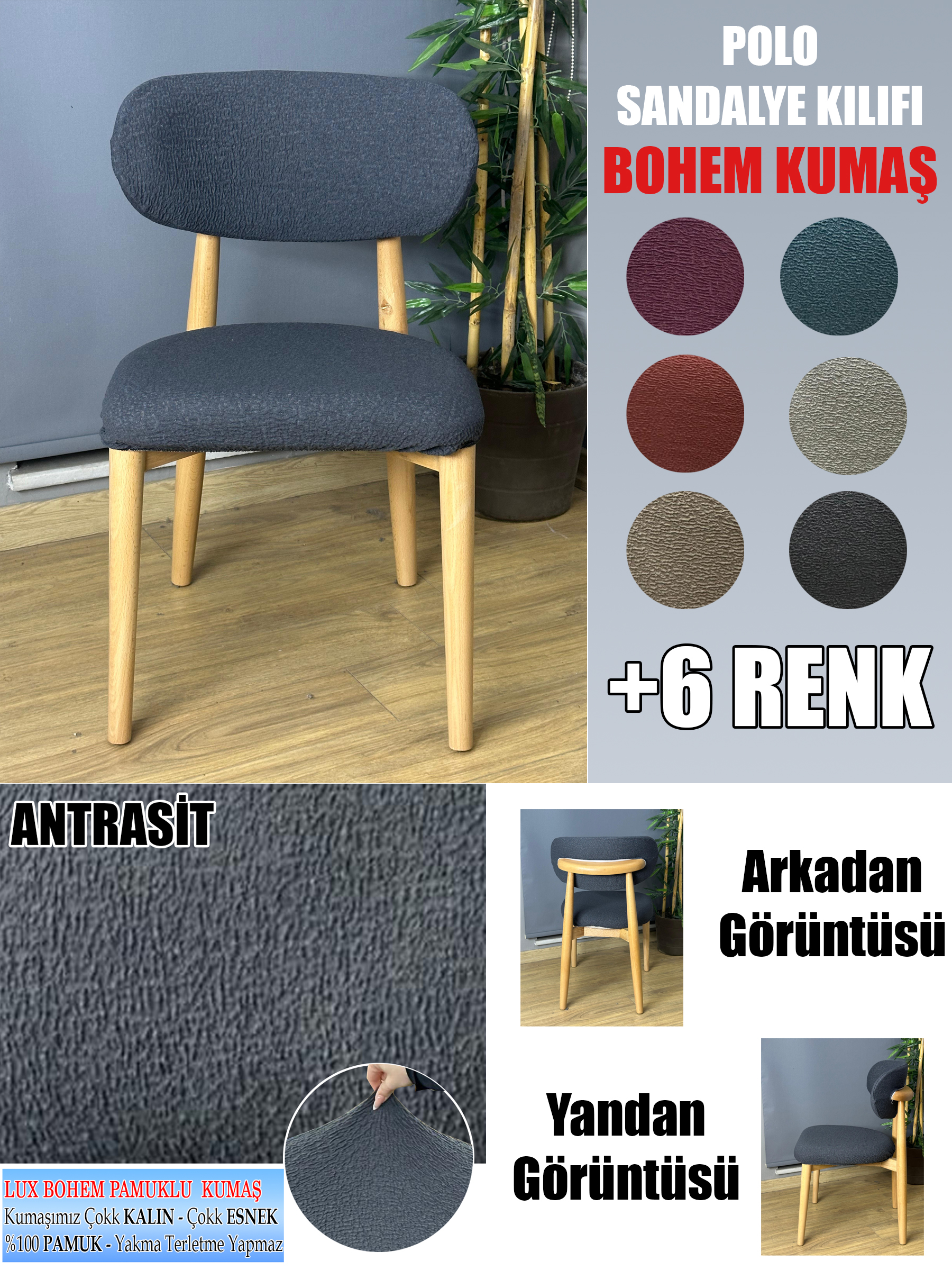 ANTRASİT POLO SANDALYE KILIFI 4 ADET LÜX BOHEM KUMAŞ ÇOK KALIN %100 PAMUK