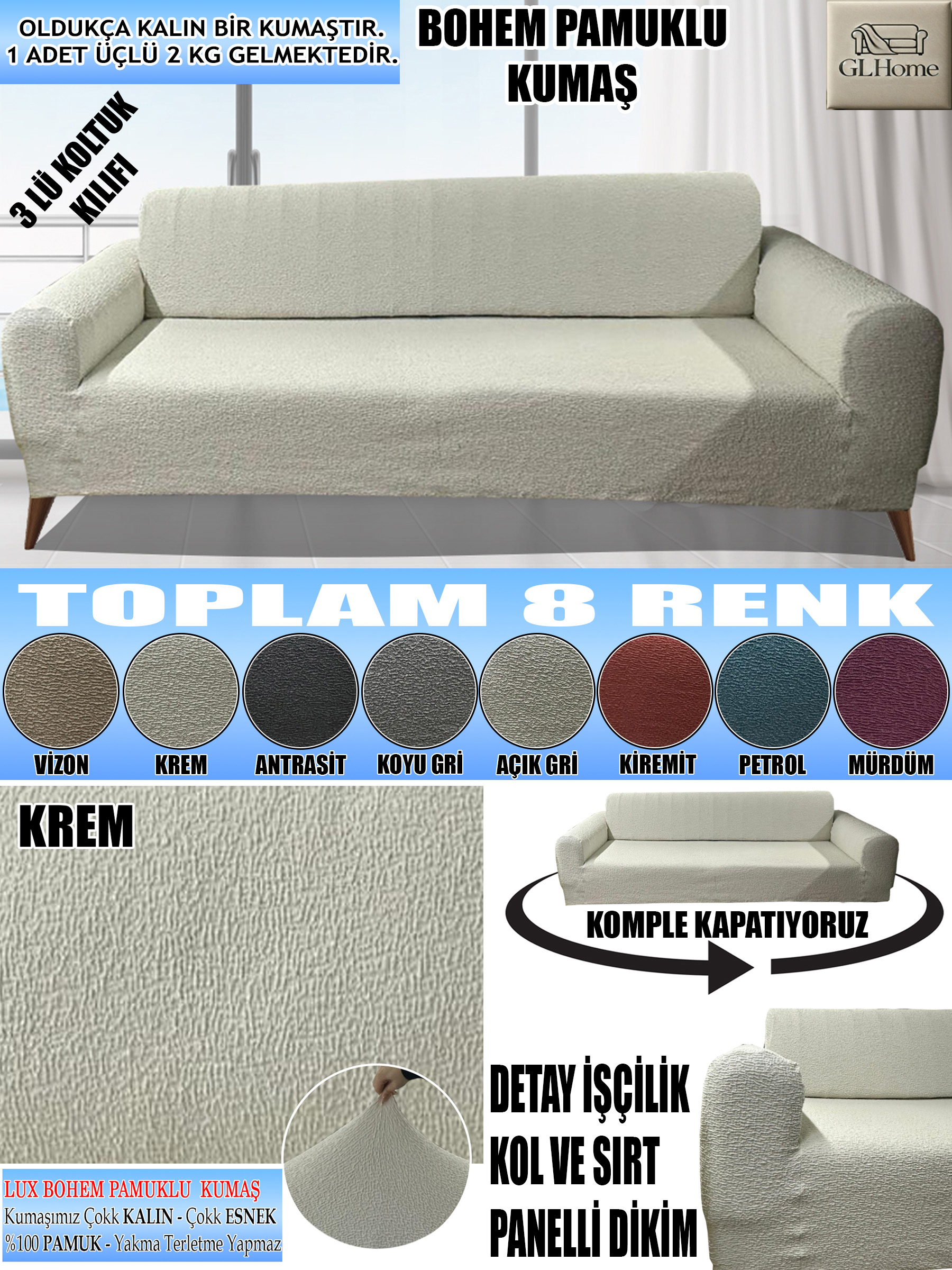 KREM LUX BOHEM PAMUKLU KUMAŞ KOLTUK-KANEPE KILIFI 3LÜ KOMPLE GİYDİRME KALIN VE DAYANIKLIDIR