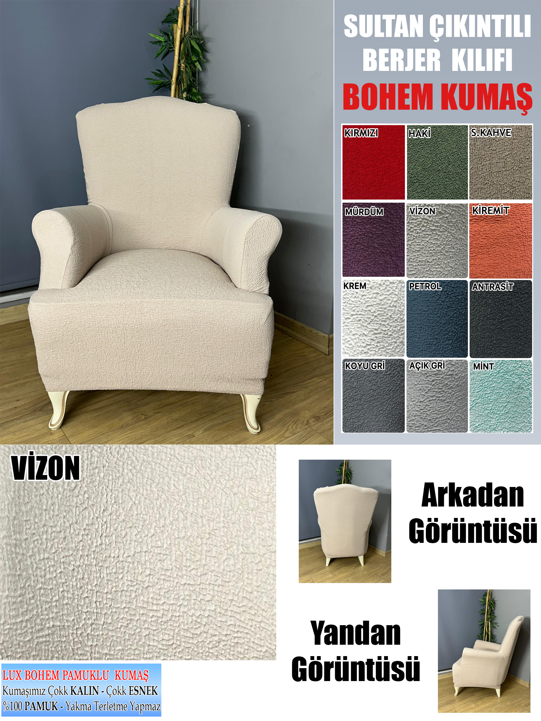 VİZON LUX BOHEM PAMUKLU KUMAŞ SULTAN ÇIKINTILI MODEL KOMPLE GİYDİRME BERJER KILIFI.