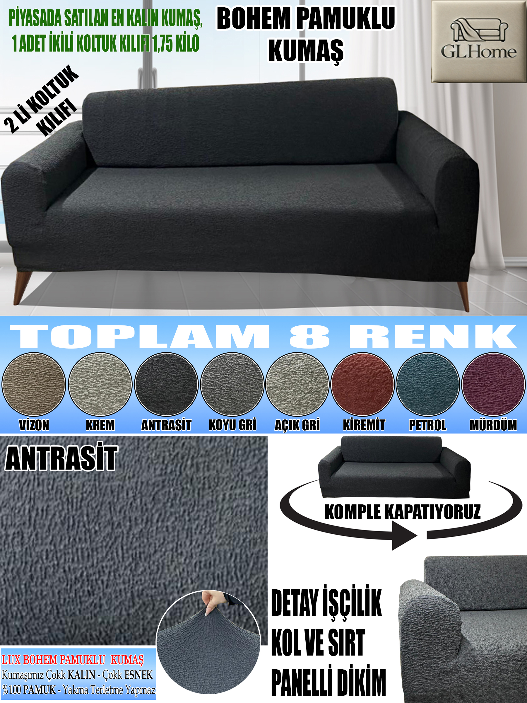 ANTRASİT LUX BOHEM PAMUKLU KUMAŞ ÇİFT KİŞİLİK KOLTUK KILIFI KOMPLE GİYDİRME KALIN VE DAYANIKLIDIR