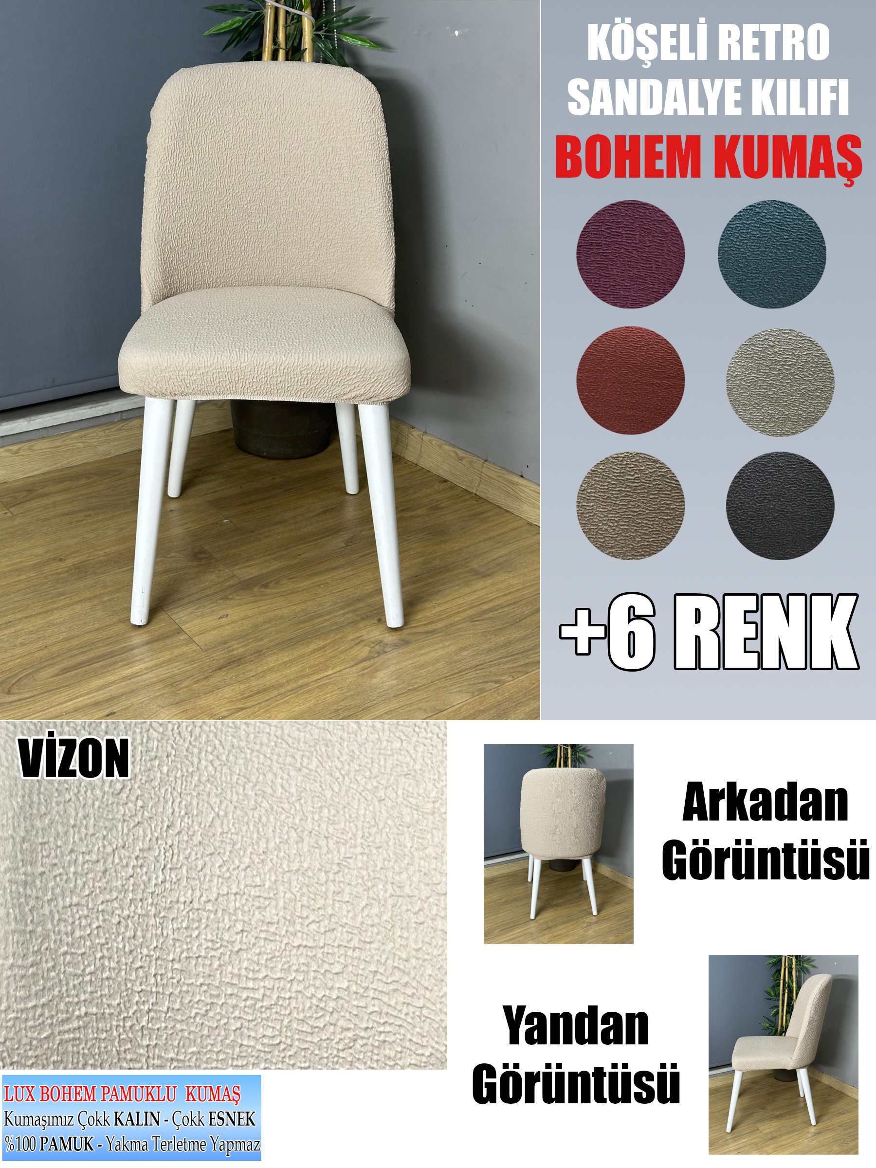 VİZON KÖŞELİ RETRO SANDALYE KILIFI 4 ADET LÜX BOHEM KUMAŞ ÇOK KALIN %100 PAMUK