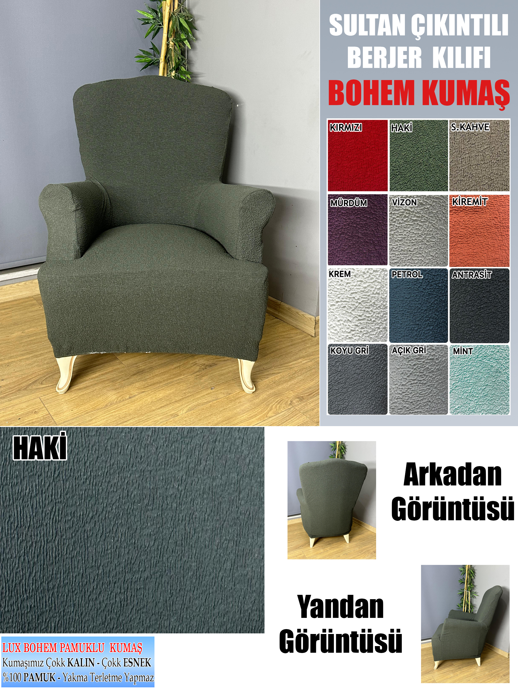 HAKİ LUX BOHEM PAMUKLU KUMAŞ SULTAN ÇIKINTILI MODEL KOMPLE GİYDİRME BERJER KILIFI.