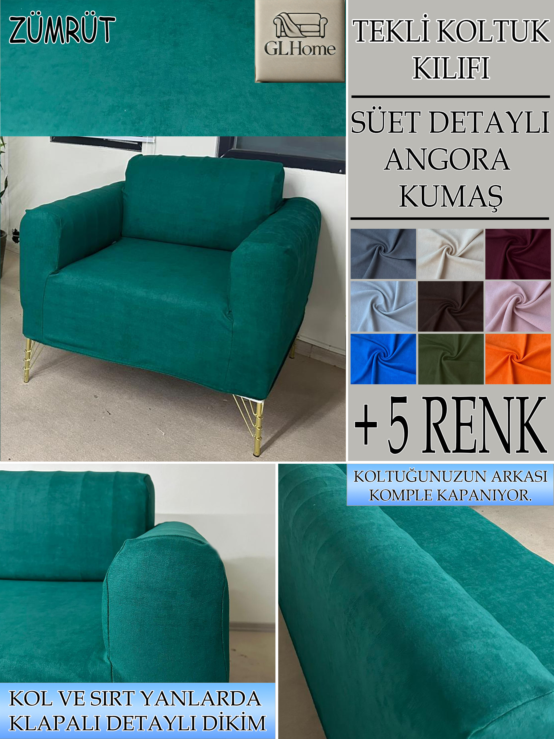 ZÜMRÜT SÜET KUMAŞ TEKLİ&BERJER KOMPLE GİYDİRME KOLTUK KILIFI