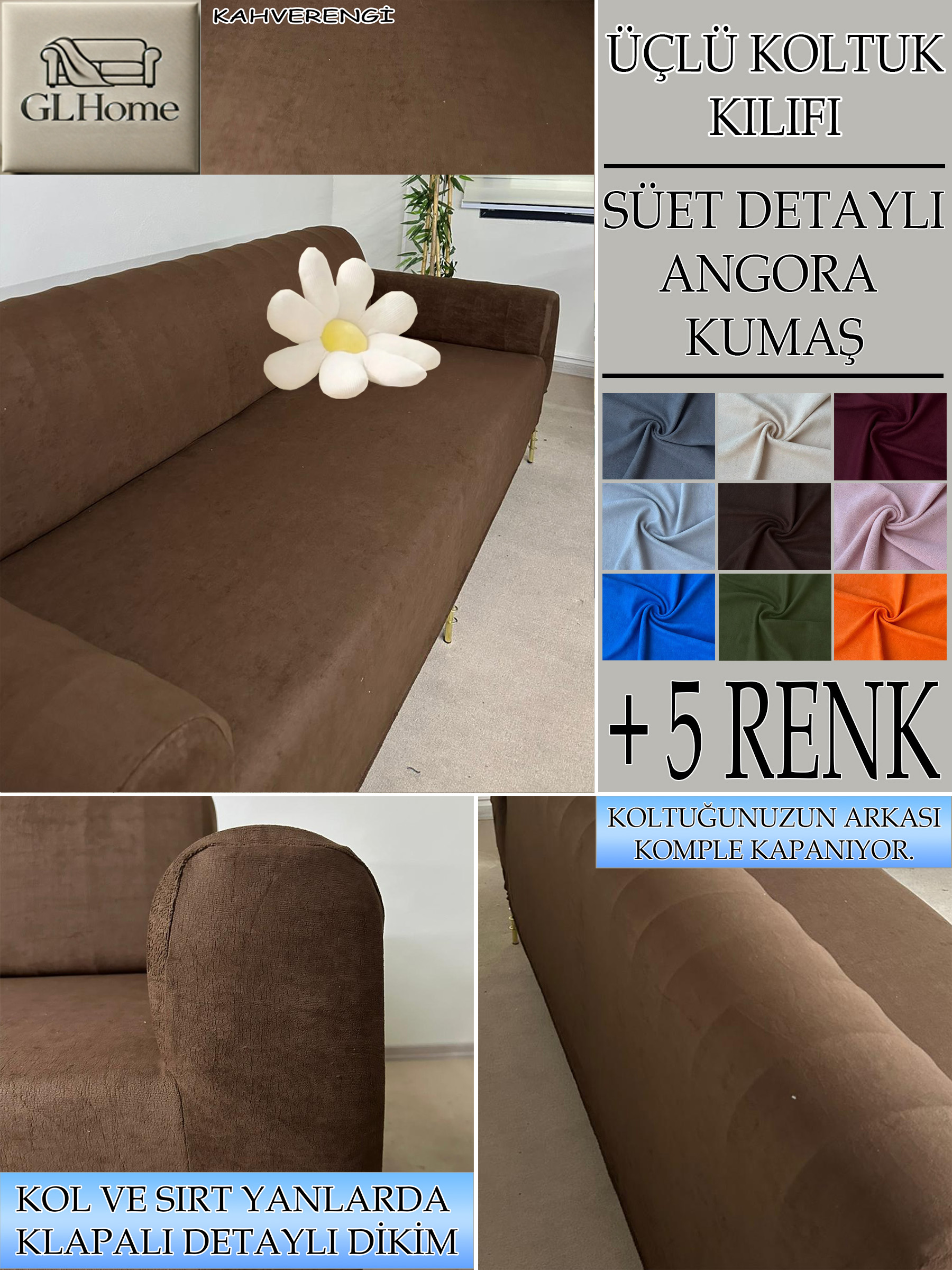 KAHVERENGİ SÜET KUMAŞ 3 LÜ KOMPLE GİYDİRME KANEPE & ÇEKYAT KILIFI