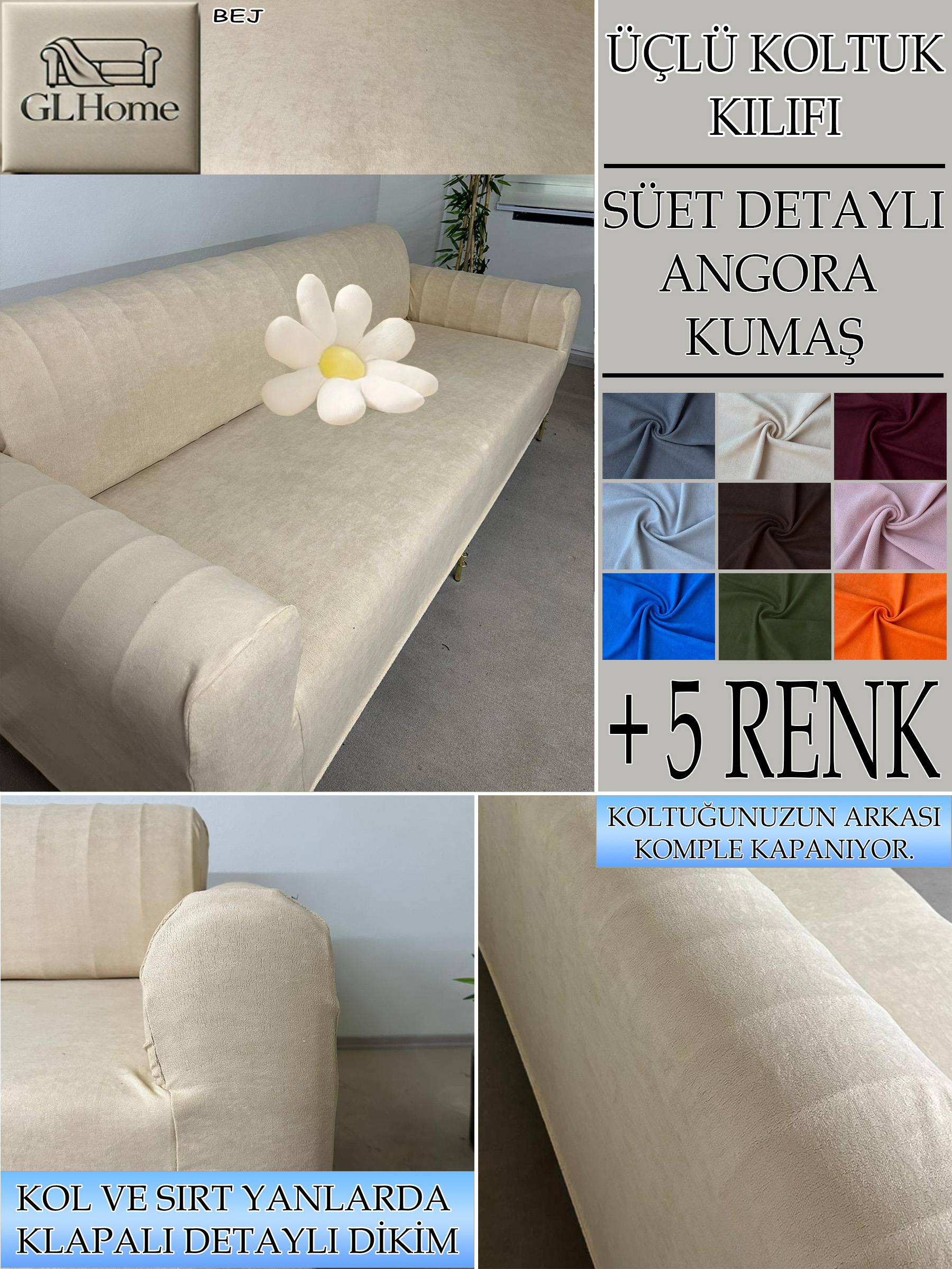 BEJ SÜET KUMAŞ 3 LÜ KOMPLE GİYDİRME KANEPE & ÇEKYAT KILIFI