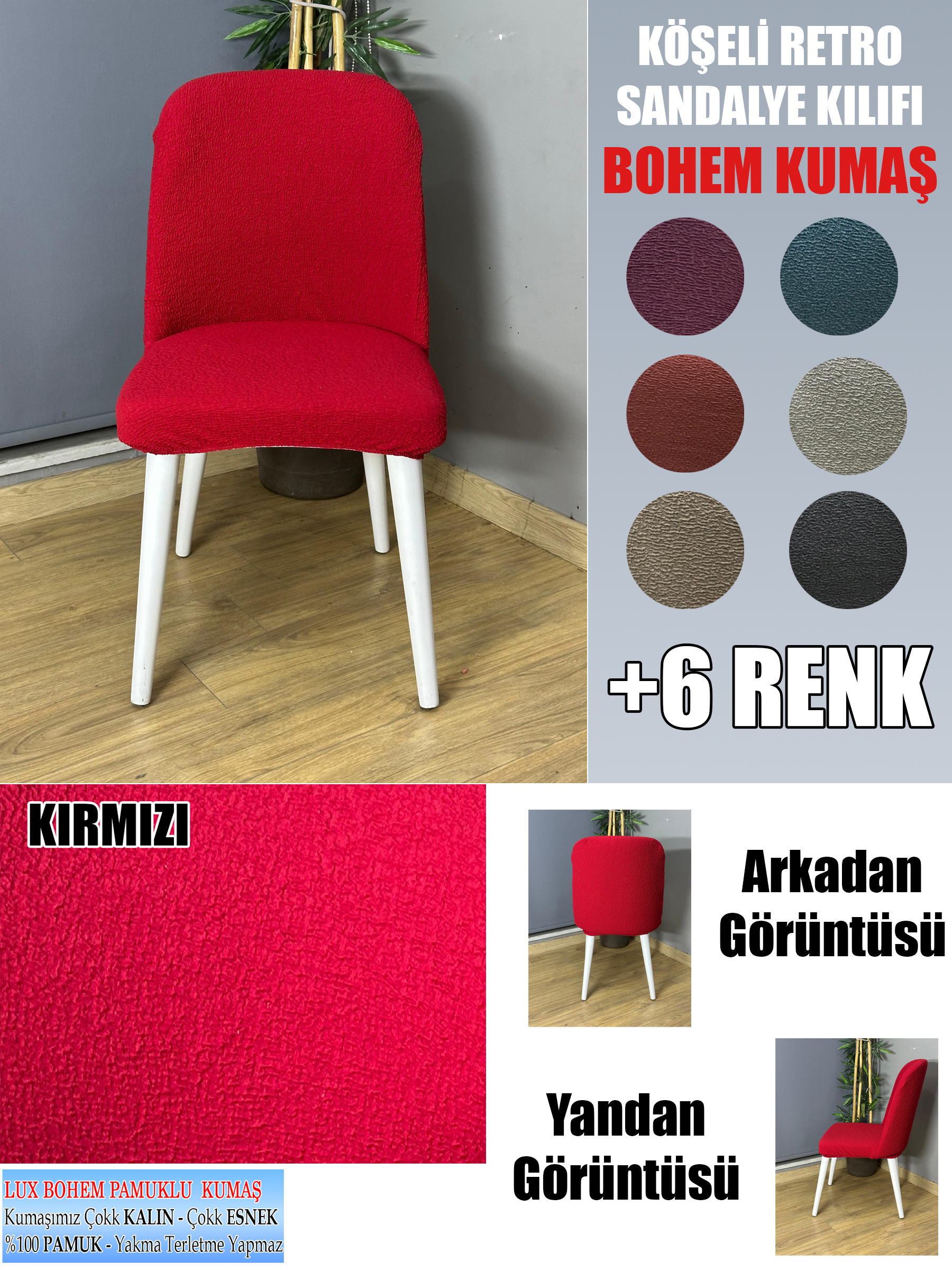KIRMIZI KÖŞELİ RETRO SANDALYE KILIFI 6 ADET LÜX BOHEM KUMAŞ ÇOK KALIN %100 PAMUK
