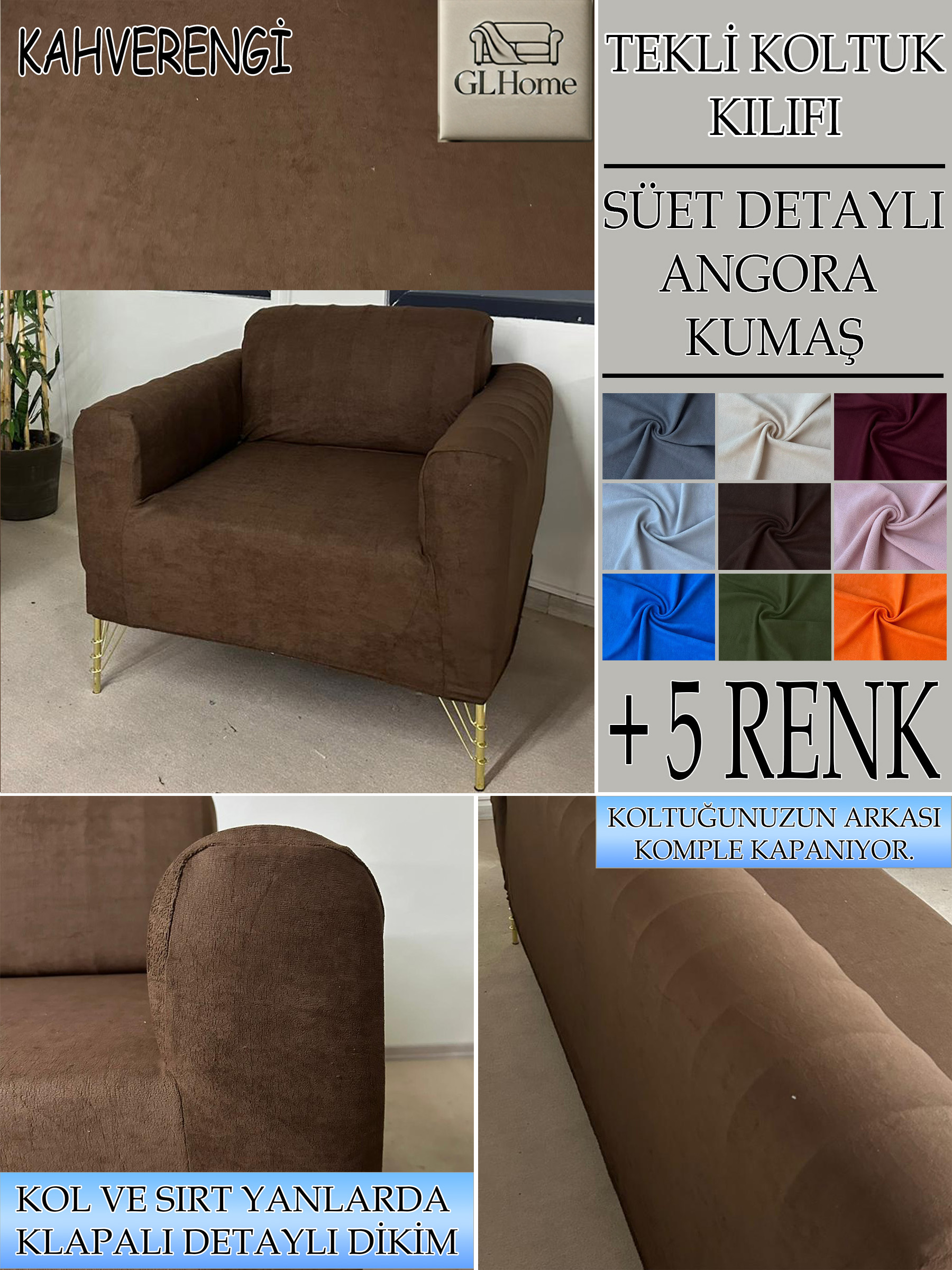 KAHVERENGİ SÜET KUMAŞ TEKLİ&BERJER KOMPLE GİYDİRME KOLTUK KILIFI