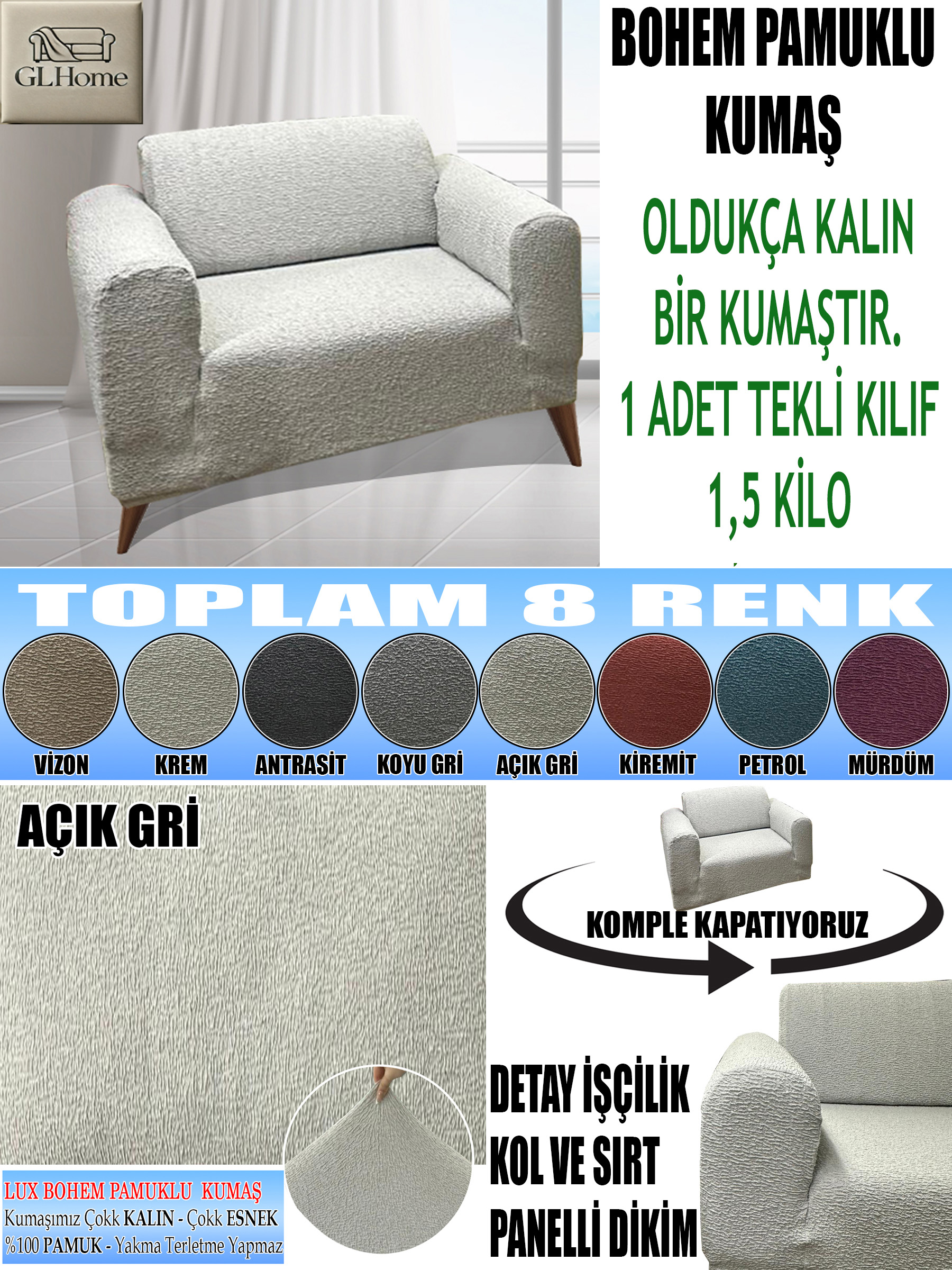 AÇIK GRİ LUX BOHEM PAMUKLU KUMAŞ TEKLİ KOMPLE GİYDİRME TEKLİ & BERJER , OLDUKÇA KALIN BİR KUMAŞTIR.
