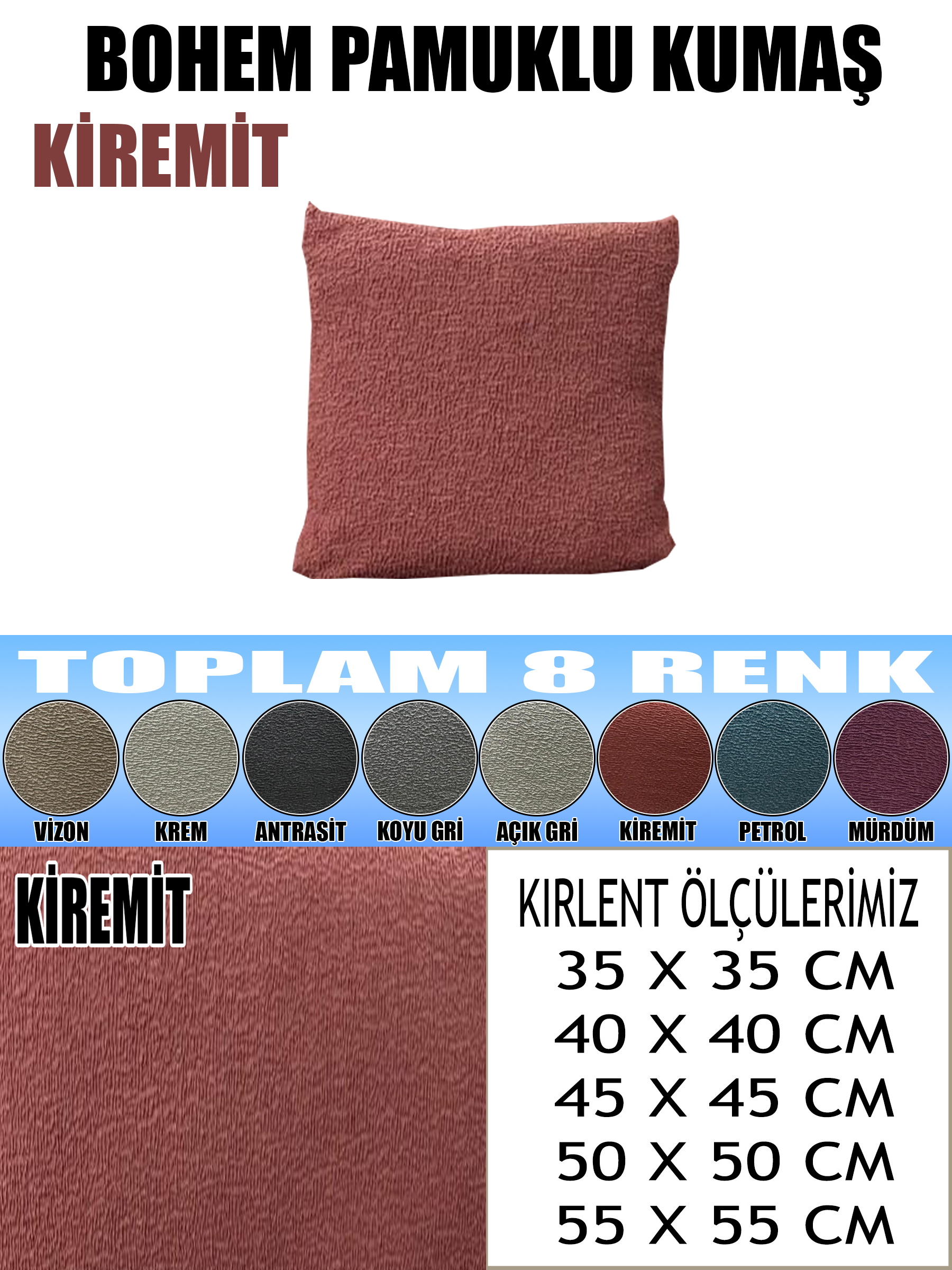 KİREMİT RENK LUX BOHEM PAMUKLU KUMAŞ 2 ADET KİRLENT KILIFI