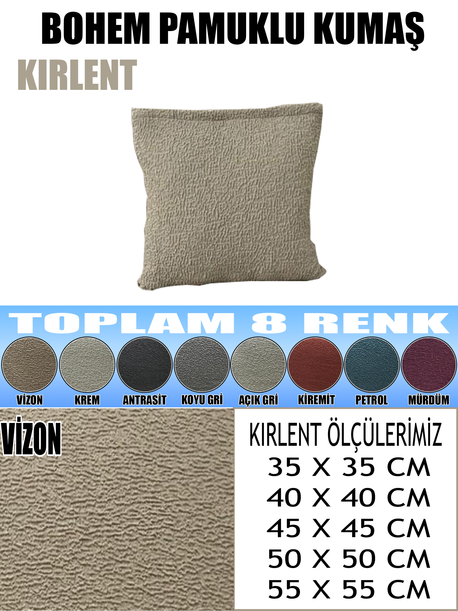 VİZON RENK LUX BOHEM PAMUKLU KUMAŞ 2 ADET KİRLENT KILIFI