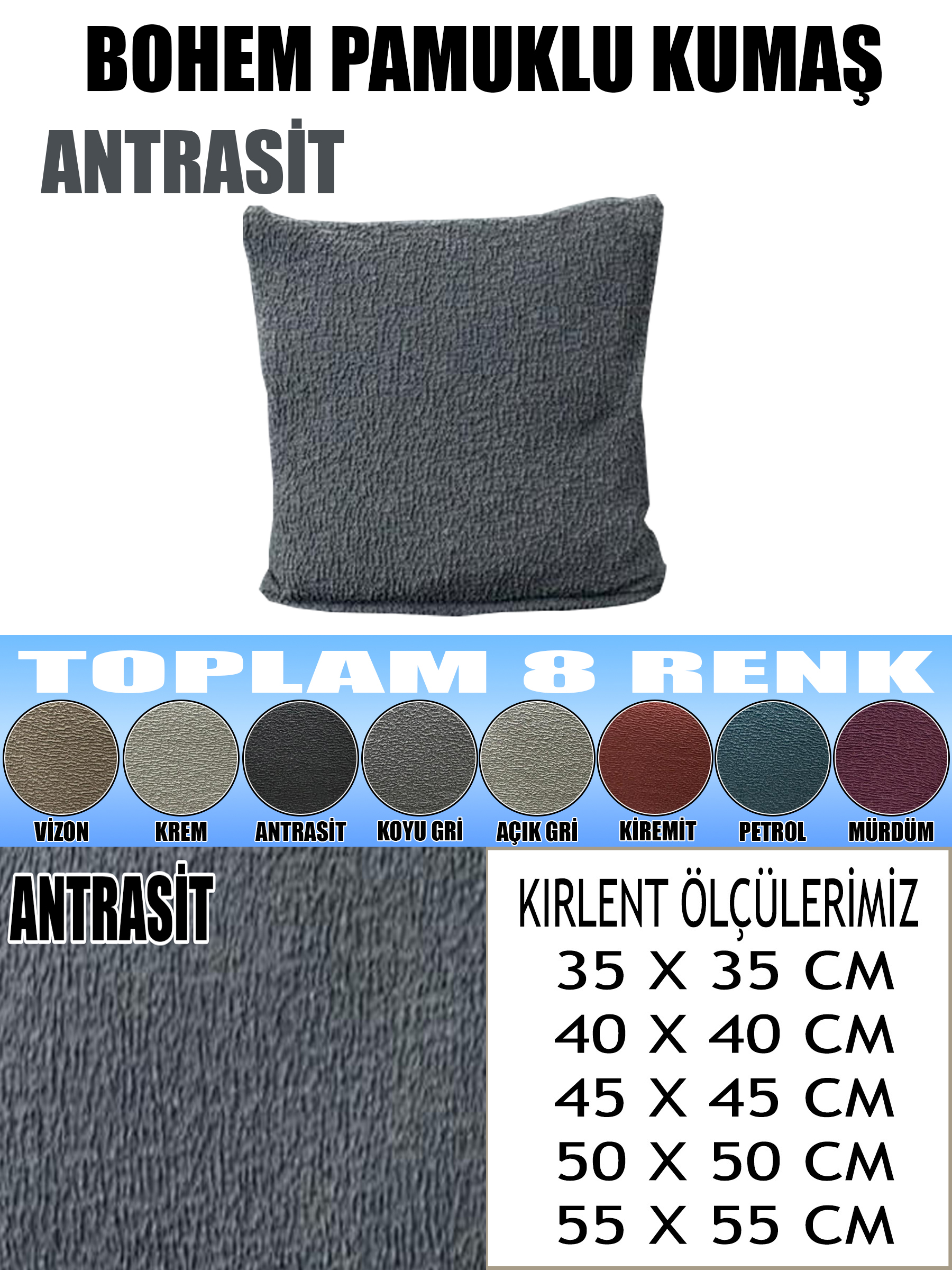 ANTRASİT RENK LUX BOHEM PAMUKLU KUMAŞ 2 ADET KİRLENT KILIFI