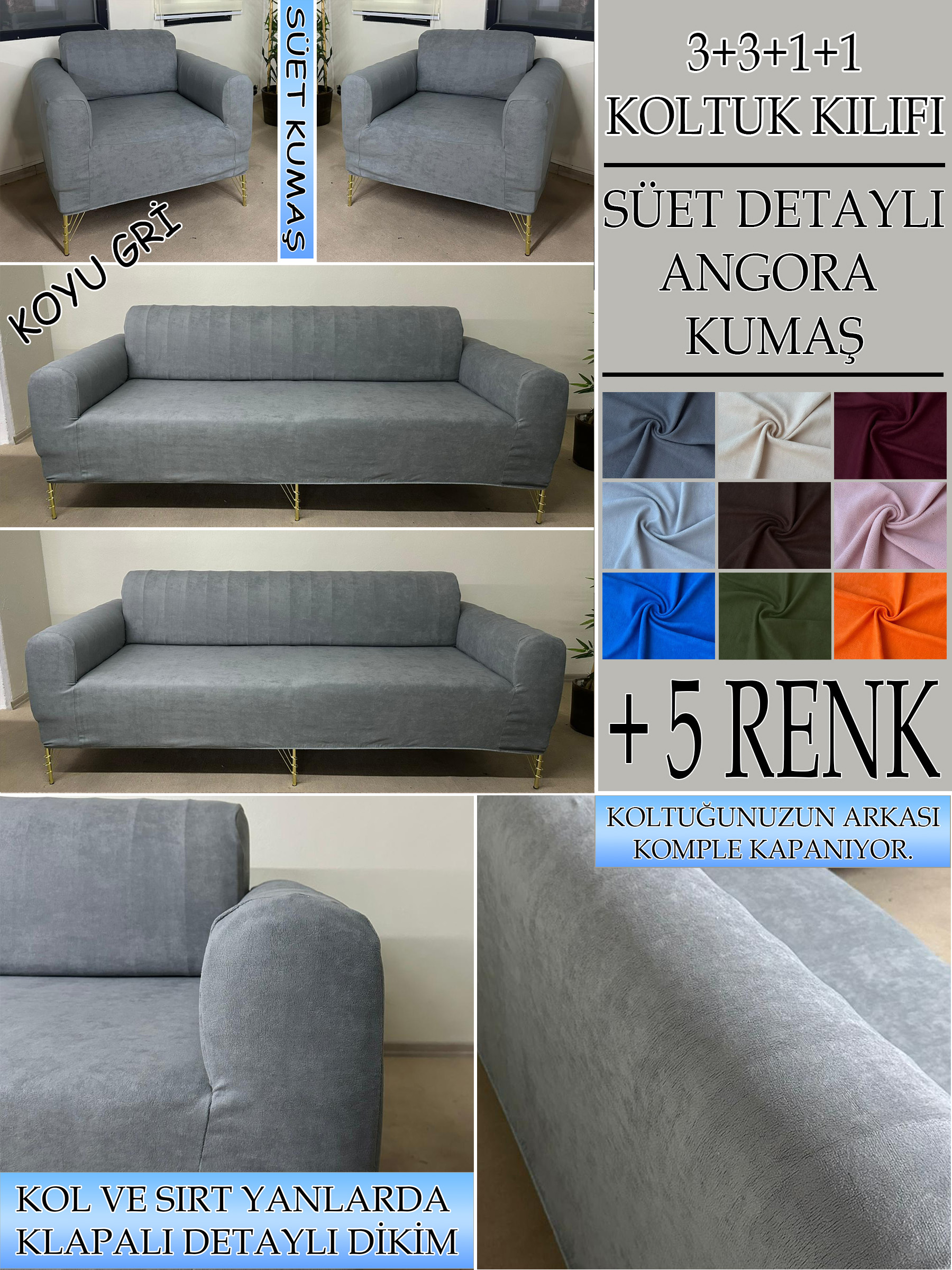 KOYU GRİ SÜET KUMAŞ 3+3+1+1 SET KOMPLE GİYDİRME KOLTUK KILIFI KANEPE,ÇEKYAT,BERJER