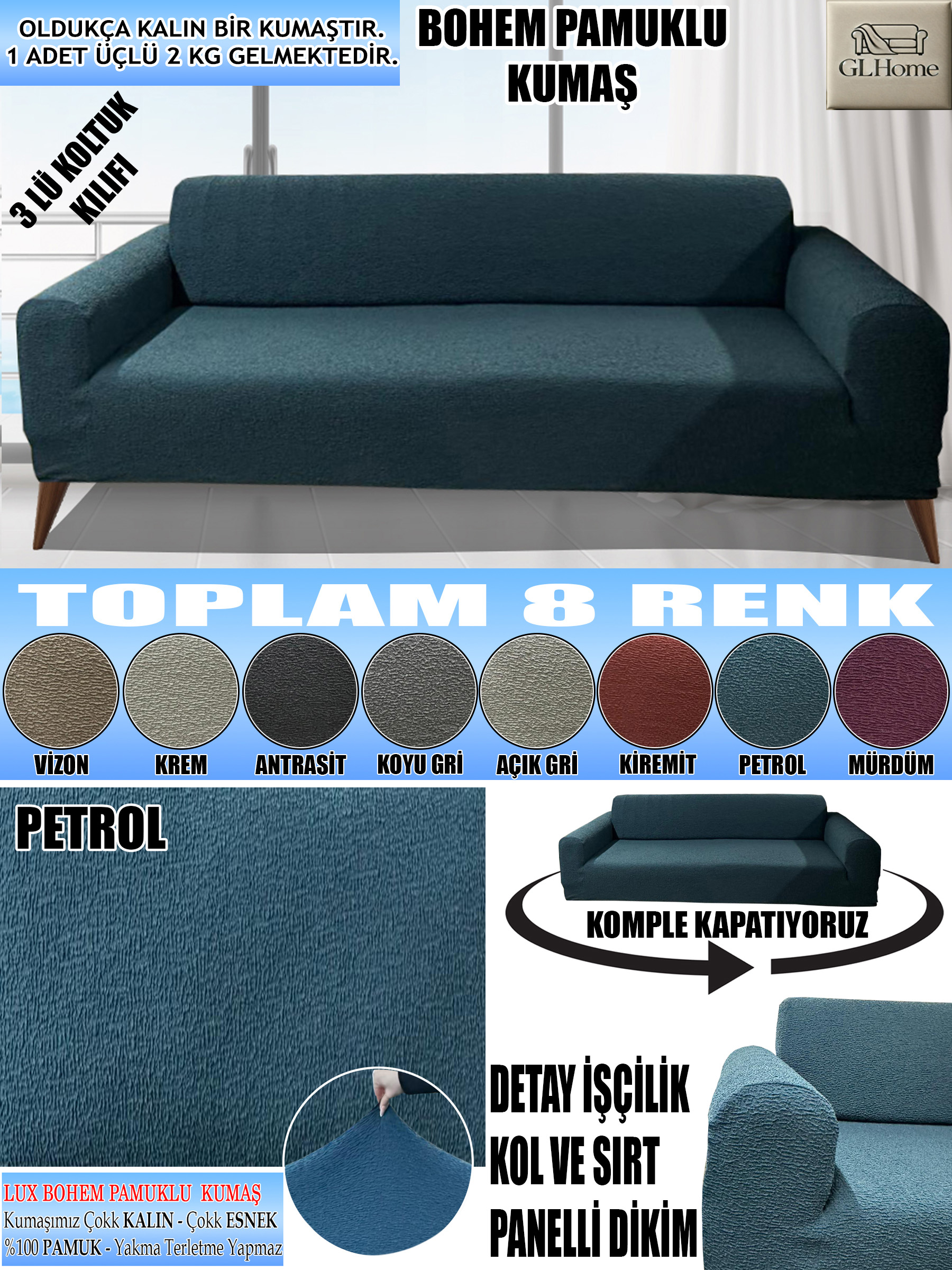 PETROL LUX BOHEM PAMUKLU KUMAŞ KOLTUK-KANEPE KILIFI 3LÜ KOMPLE GİYDİRME KALIN VE DAYANIKLIDIR